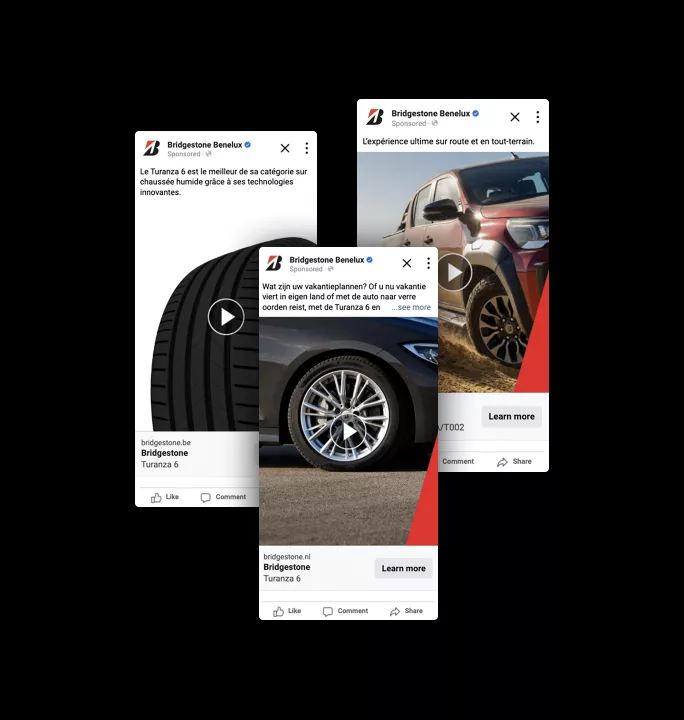 Bridgestone Benelux social media ads showcasing Turanza 6 tires with tire close-ups and vehicle applications in multiple languages.