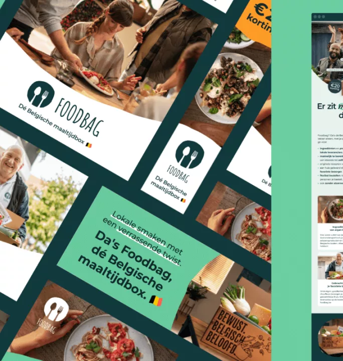 Foodbag website featuring diverse people holding meal boxes, fresh ingredients, and prepared dishes, conveying joy and freshness to promote Foodbag.