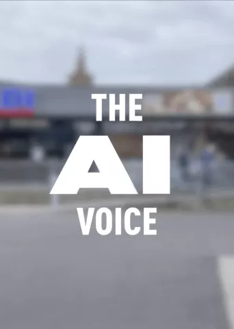 Cover image of a blurred Aldi store exterior with bold white text overlay reading "THE AI VOICE" as part of an artificial intelligence case study.
