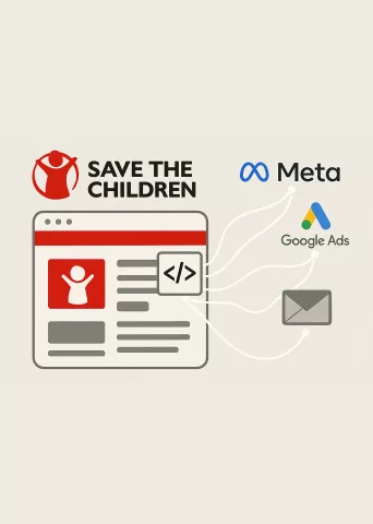 Cover image with diagram showing Save The Children's digital marketing connections between their website and platforms like Meta, Google Ads, and email on beige background.