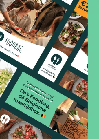 Foodbag website featuring diverse people holding meal boxes, fresh ingredients, and prepared dishes, conveying joy and freshness to promote Foodbag.