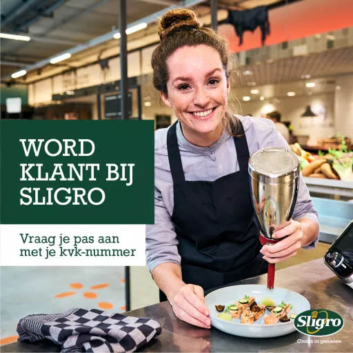 Visual for Sligro, featuring a smiling culinary professional plating a dish with precision, accompanied by the text 'Word klant bij Sligro' (Become a customer at Sligro).
