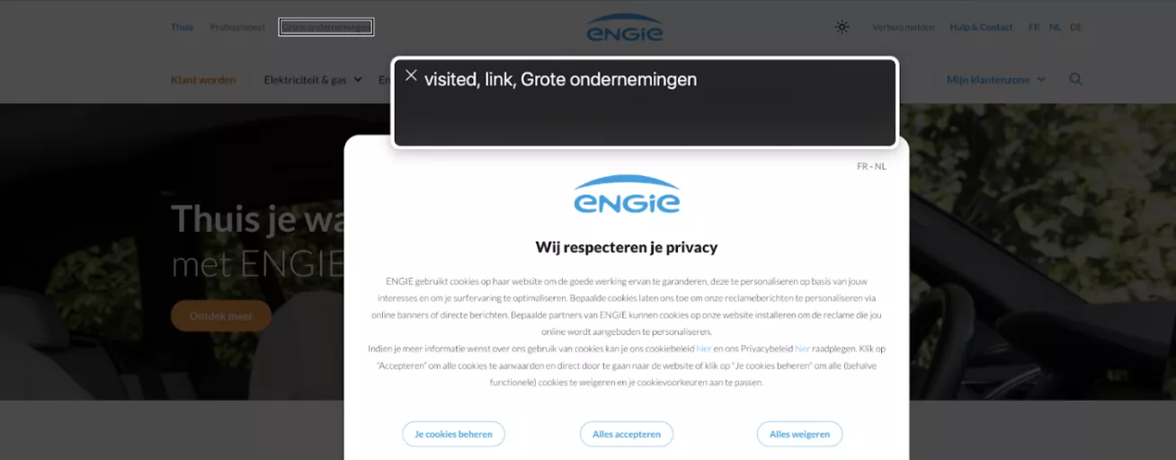 ENGIE homepage showing a cookie consent banner overlay in Dutch. The screen reader is announcing a visited link labeled "Grote ondernemingen" (Large enterprises), but focus is not on the cookie banner itself, which may cause navigation and accessibility issues for keyboard or screen reader users.