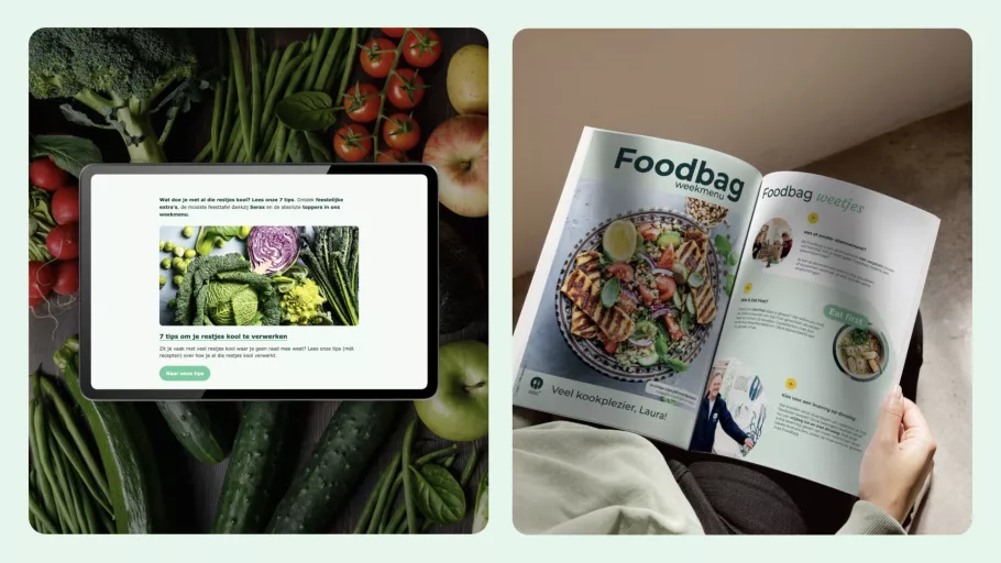 Campaign visual with close-up of a tablet featuring Foodbag and Foodbag packaging; Springbok Agency design layout highlighting authenticity and quality.