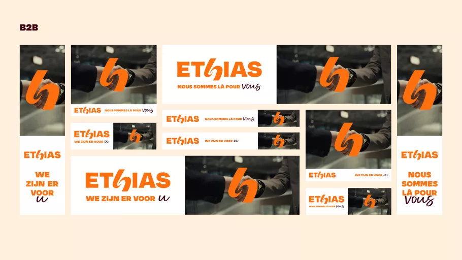 Springbok Agency campaign suite for Ethias B2B services, showcasing a variety of digital banner sizes featuring professional imagery of a handshake and the slogan 'NOUS SOMMES LÀ POUR VOUS'.
