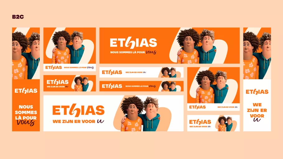 Springbok Agency campaign suite for Ethias B2C services, showcasing an array of digital banner sizes featuring friendly animated characters and the slogan 'WE ZIJN ER VOOR U'.